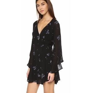 Free People Floral Mini Dress Women 4 Black Excellent Bell Sleeve Boho OB456149